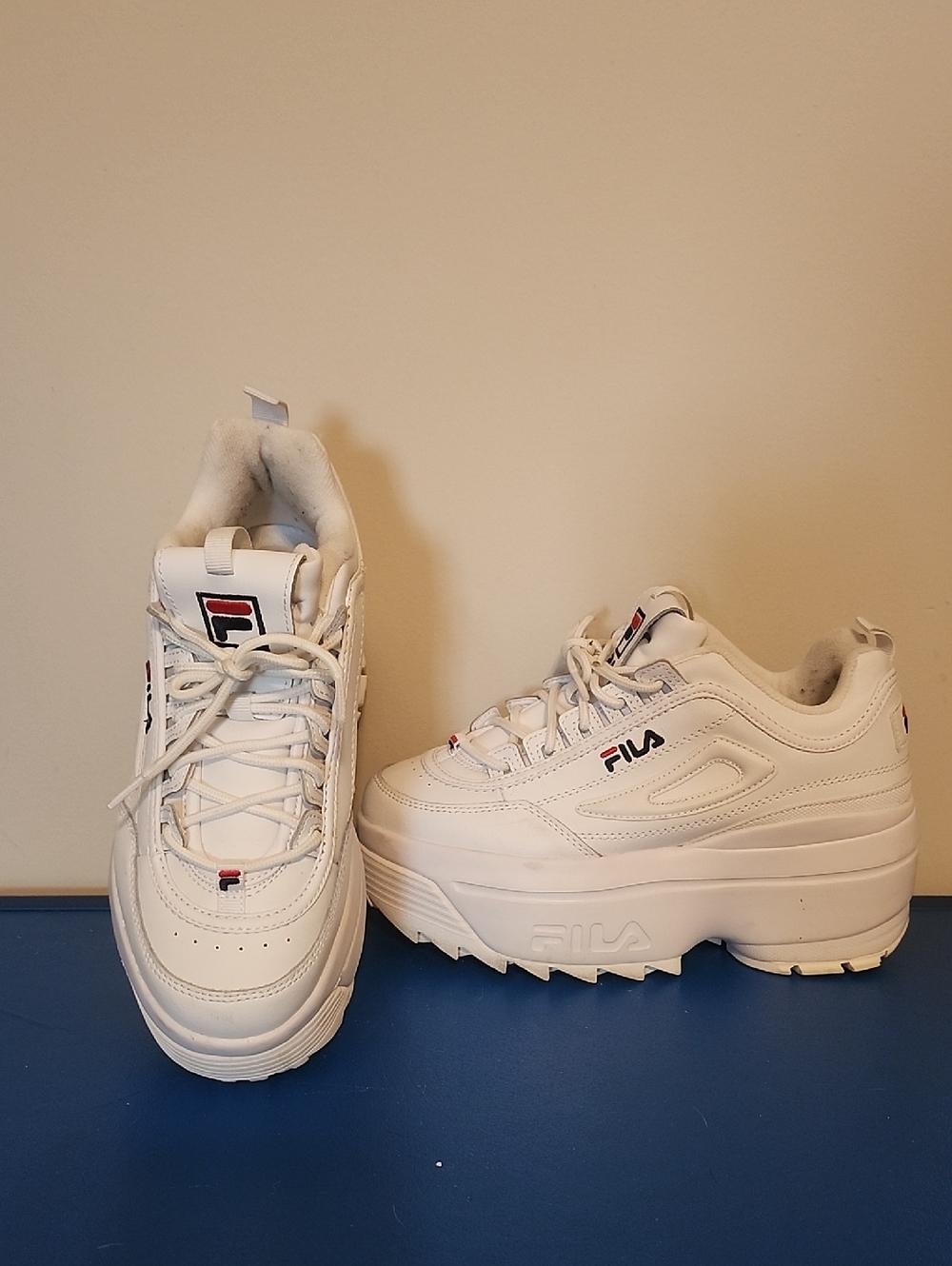 Fila White Platform Sneakers with Red & Navy Logo